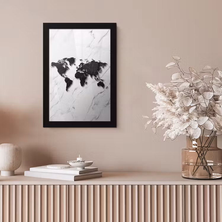 Wereldkaart - Marmer - Wit - Zwart fotolijst zwart zonder passe partout klein -sfeer5