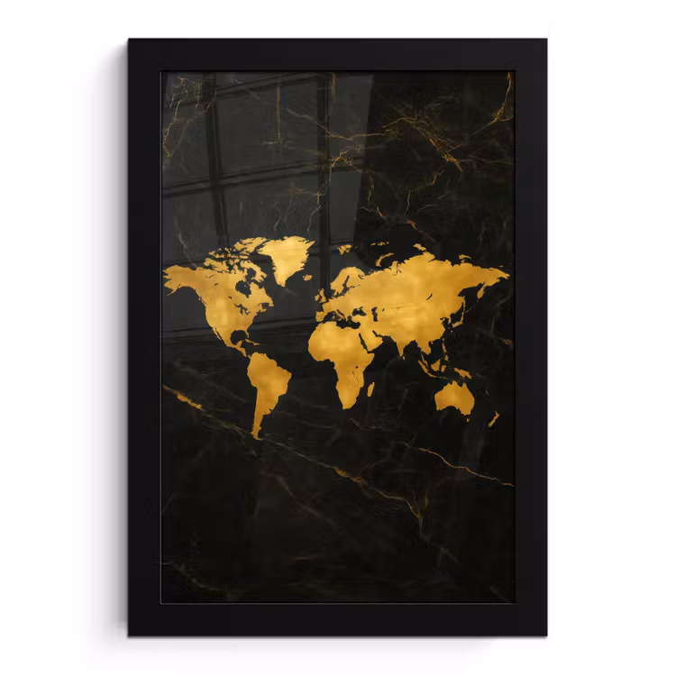 Wereldkaart - Marmerstructuur - Elegant - Zwart fotolijst zwart zonder passe partout klein -3d