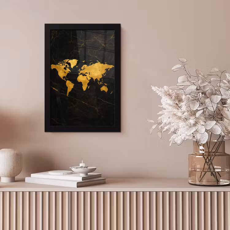 Wereldkaart - Marmerstructuur - Elegant - Zwart fotolijst zwart zonder passe partout klein -sfeer5