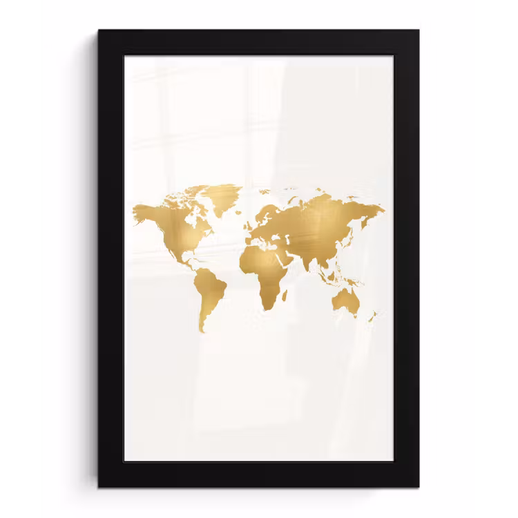 Wereldkaart - Metallic - Modern fotolijst zwart zonder passe partout klein -3d