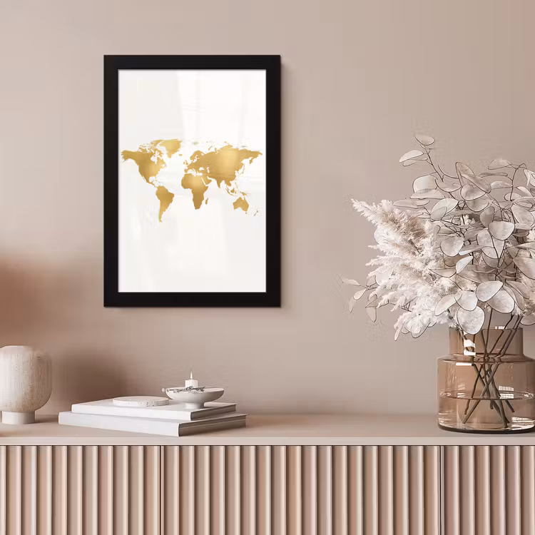 Wereldkaart - Metallic - Modern fotolijst zwart zonder passe partout klein -sfeer5