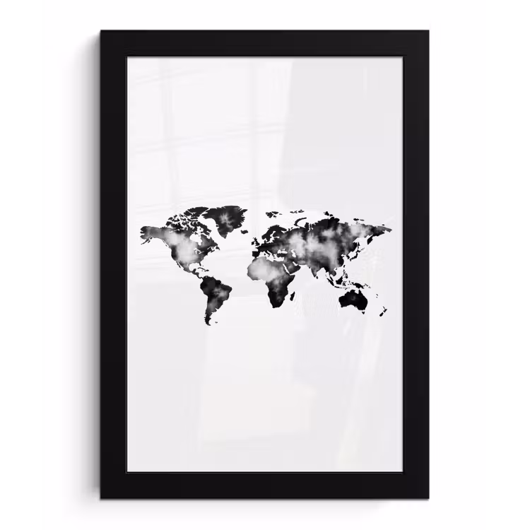 Wereldkaart - Minimalistisch fotolijst zwart zonder passe partout klein -3d