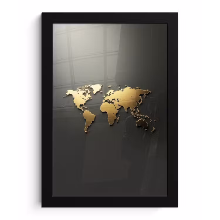 Wereldkaart - Minimalistisch - Gouden afwerking fotolijst zwart zonder passe partout klein -3d