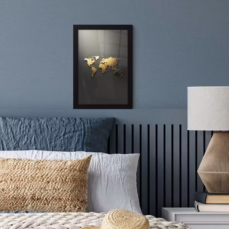 Wereldkaart - Minimalistisch - Gouden afwerking fotolijst zwart zonder passe partout klein -sfeer3