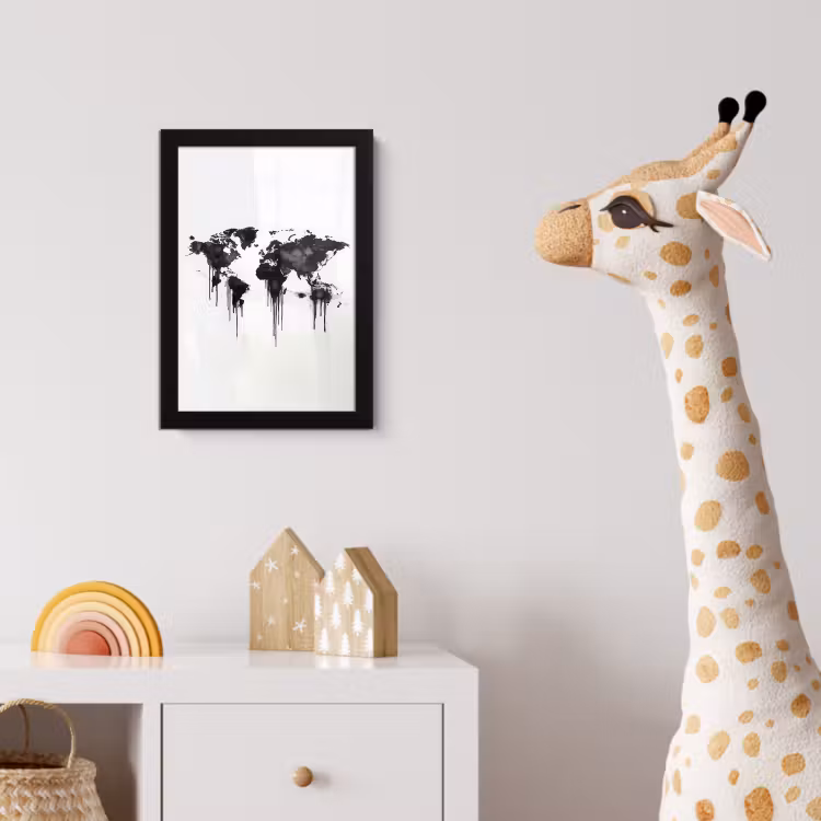 Wereldkaart - Minimalistisch - Graffiti fotolijst zwart zonder passe partout klein -usfeer4_kinderkamer