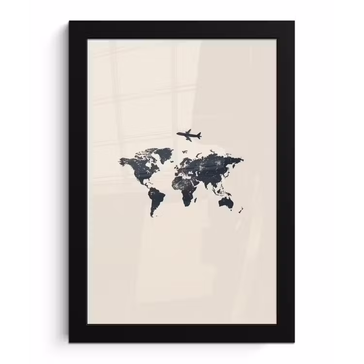 Wereldkaart - Minimalistisch - Grijs - Vliegtuig fotolijst zwart zonder passe partout klein -3d