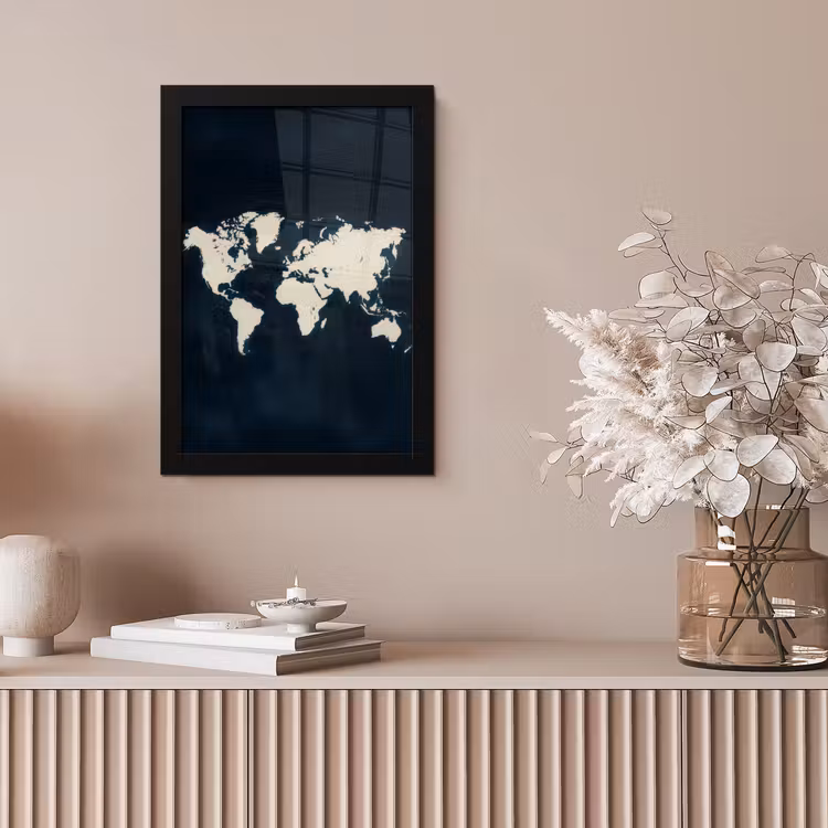 Wereldkaart - Minimalistisch - Contrast fotolijst zwart zonder passe partout klein -sfeer5
