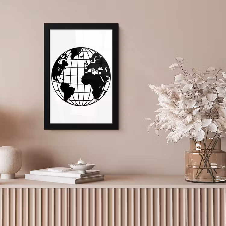 Wereldkaart - Minimalistisch - Zwart - Wit fotolijst zwart zonder passe partout klein -sfeer5