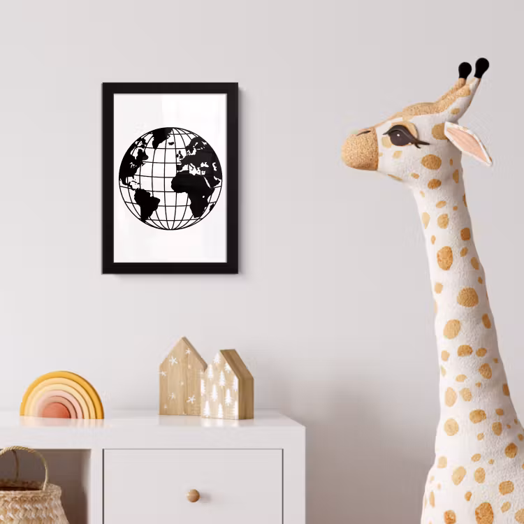 Wereldkaart - Minimalistisch - Zwart - Wit fotolijst zwart zonder passe partout klein -usfeer4_kinderkamer