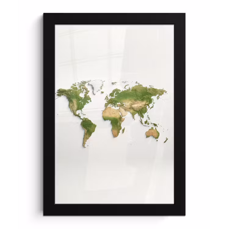 Wereldkaart - Natuurlijke kleuren - reliëfstijl fotolijst zwart zonder passe partout klein -3d