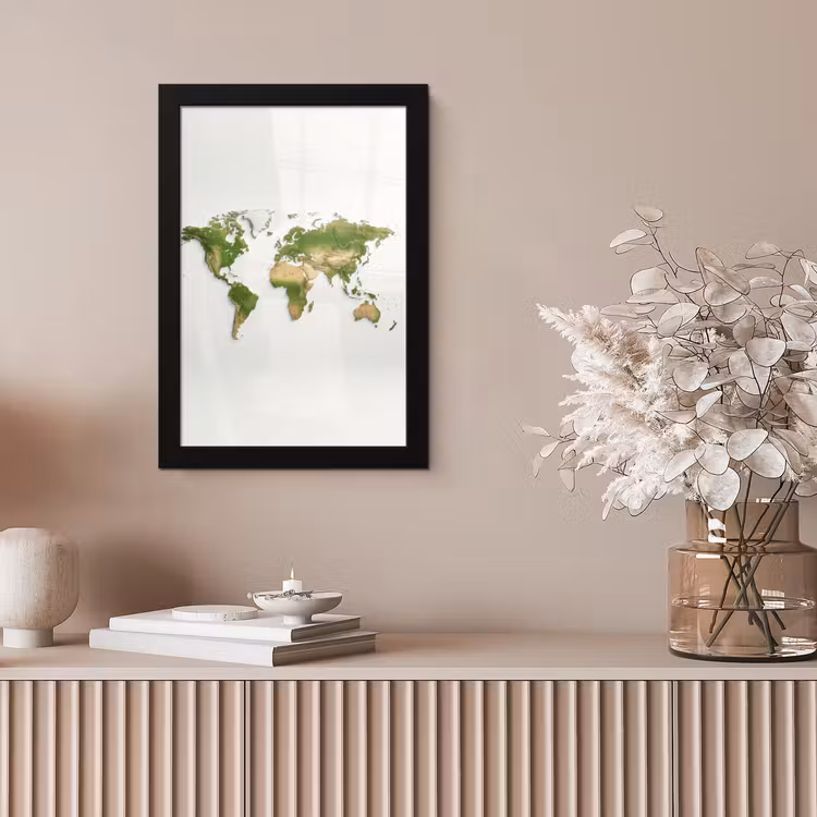 Wereldkaart - Natuurlijke kleuren - reliëfstijl fotolijst zwart zonder passe partout klein -sfeer5