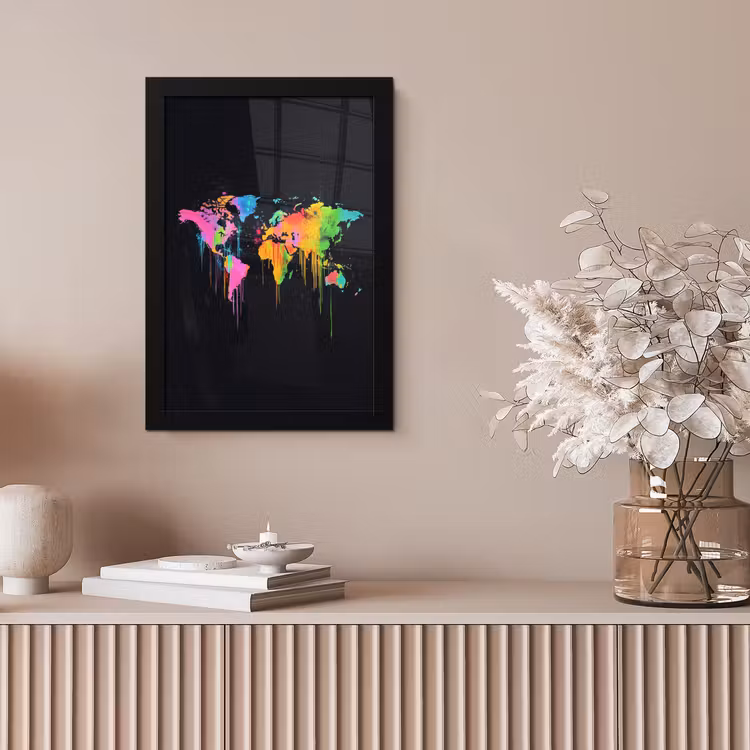Wereldkaart - Neon - Kleurrijk - Spatten fotolijst zwart zonder passe partout klein -sfeer5