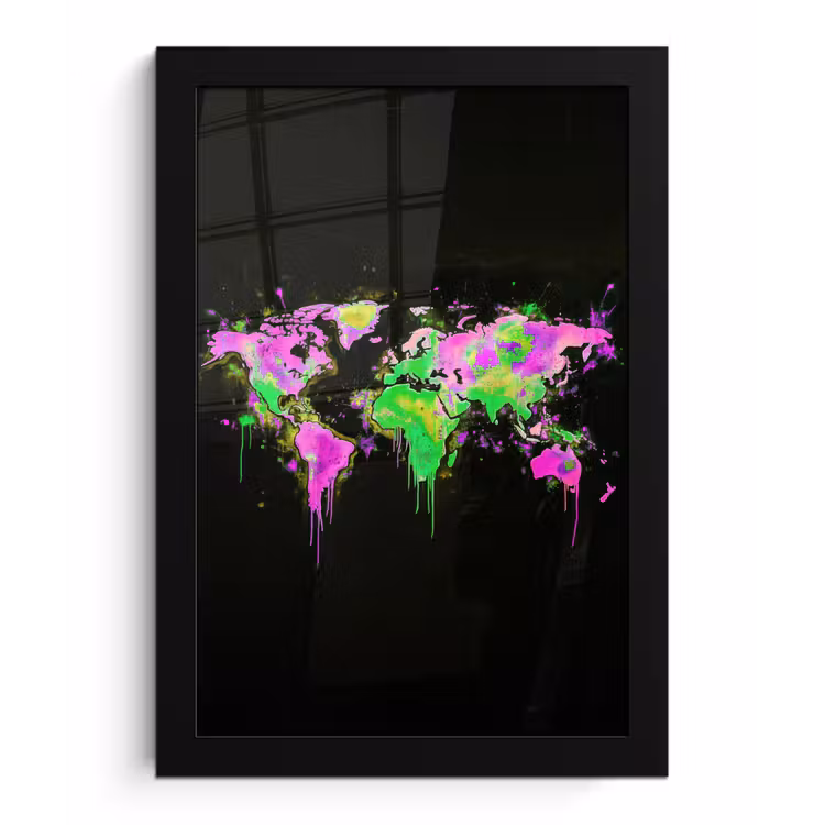 Wereldkaart - Neon - Groen - Roze fotolijst zwart zonder passe partout klein -3d