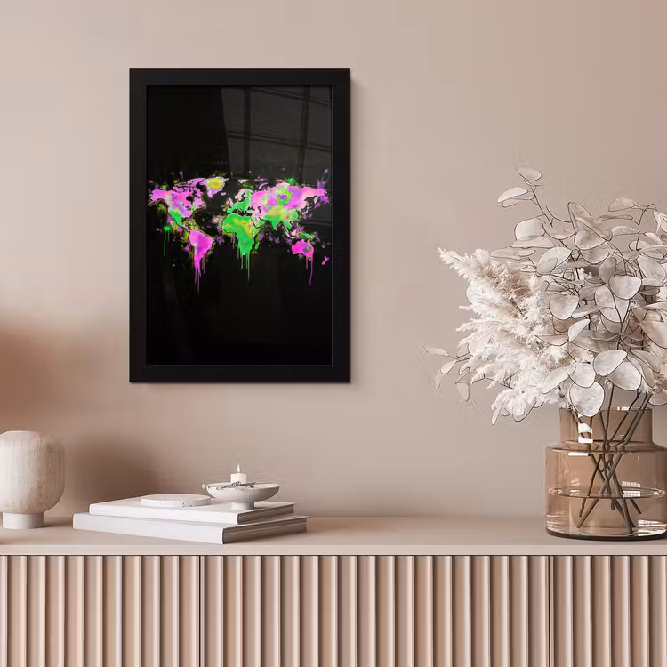 Wereldkaart - Neon - Groen - Roze fotolijst zwart zonder passe partout klein -sfeer5