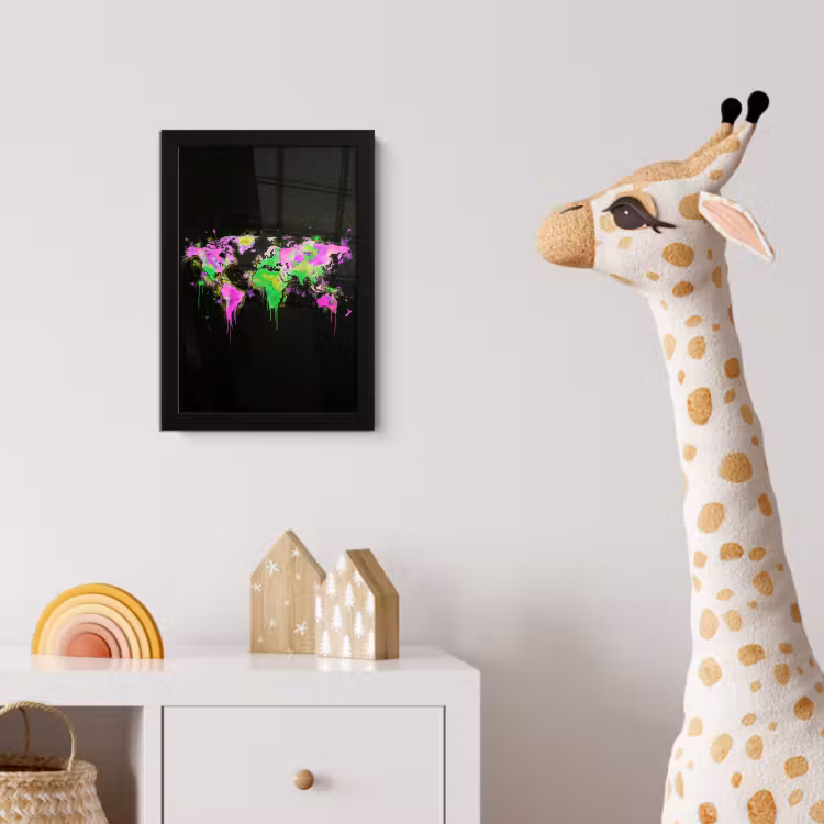 Wereldkaart - Neon - Groen - Roze fotolijst zwart zonder passe partout klein -usfeer4_kinderkamer
