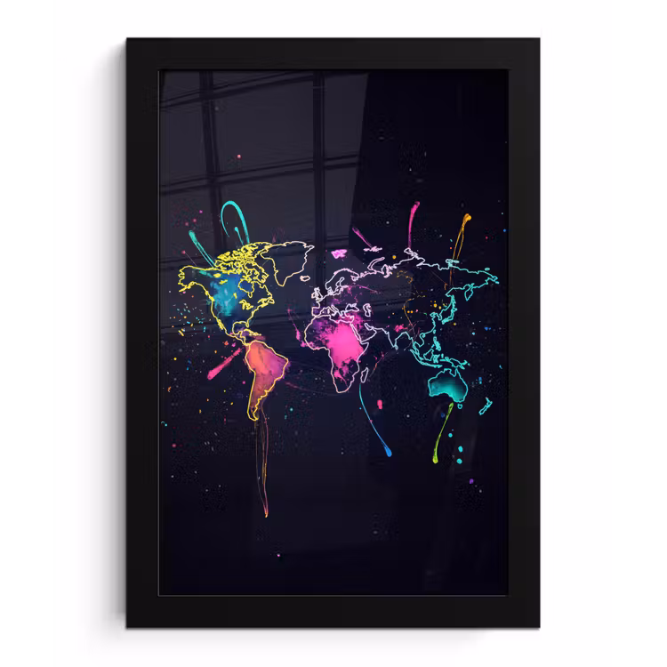 Wereldkaart - Neon - Lijnen - Verspatten fotolijst zwart zonder passe partout klein -3d