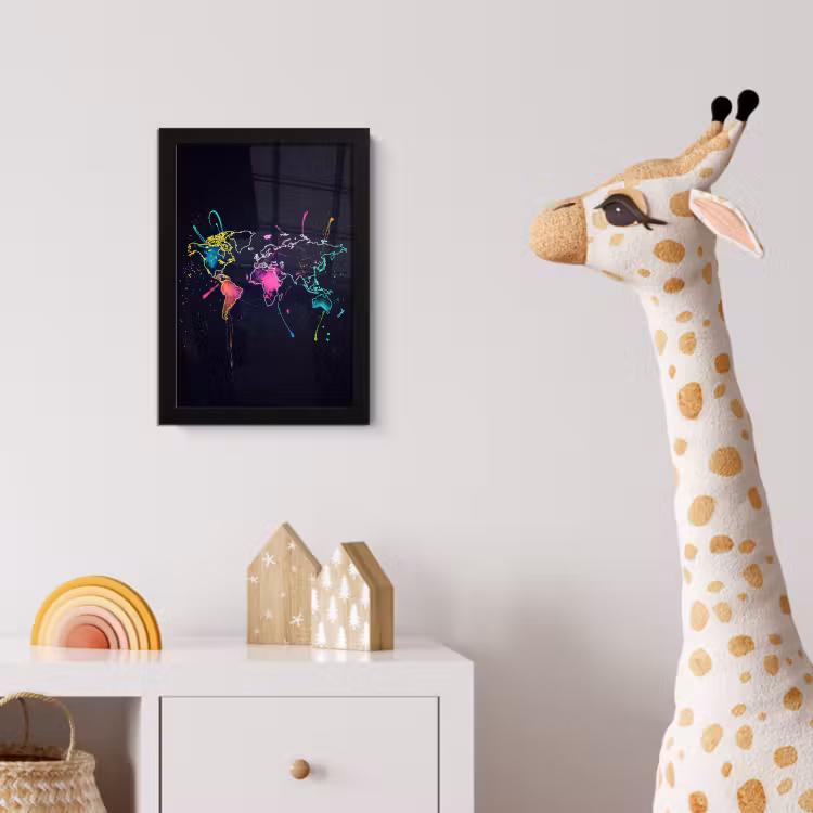 Wereldkaart - Neon - Lijnen - Verspatten fotolijst zwart zonder passe partout klein -usfeer4_kinderkamer