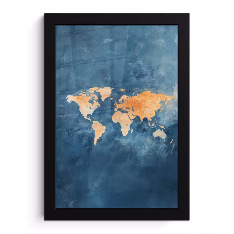 Wereldkaart - Olieverfschilderij - Blauw - Oranje fotolijst zwart zonder passe partout klein -3d
