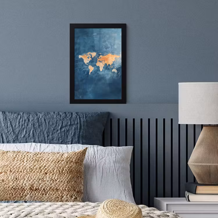 Wereldkaart - Olieverfschilderij - Blauw - Oranje fotolijst zwart zonder passe partout klein -sfeer3