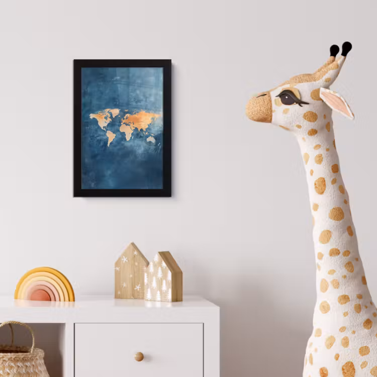 Wereldkaart - Olieverfschilderij - Blauw - Oranje fotolijst zwart zonder passe partout klein -usfeer4_kinderkamer