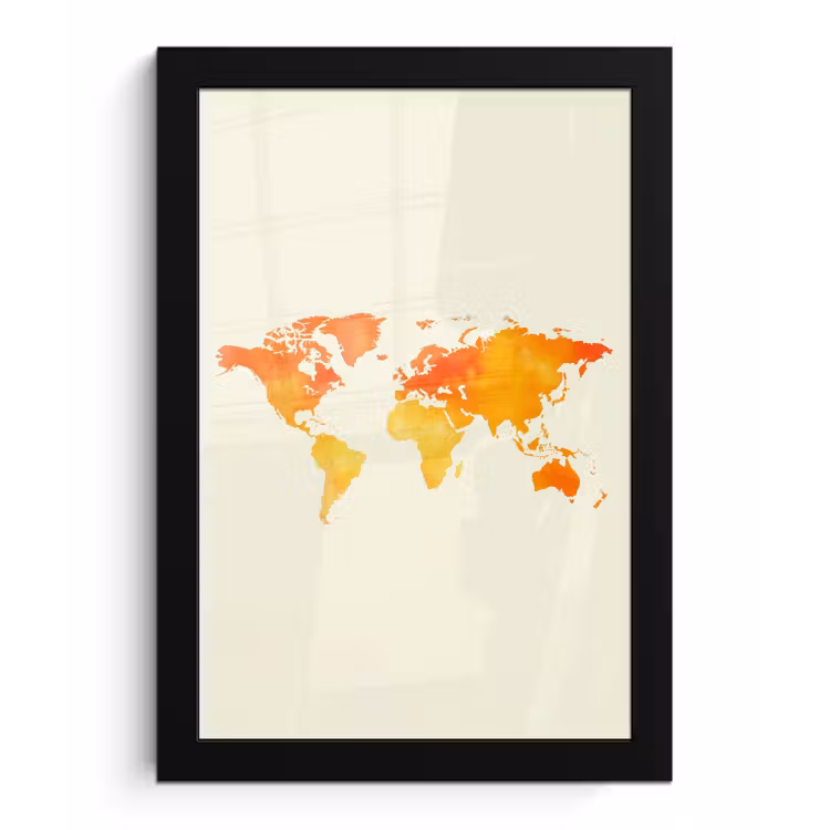 Wereldkaart - Oranje - Kleurrijk fotolijst zwart zonder passe partout klein -3d