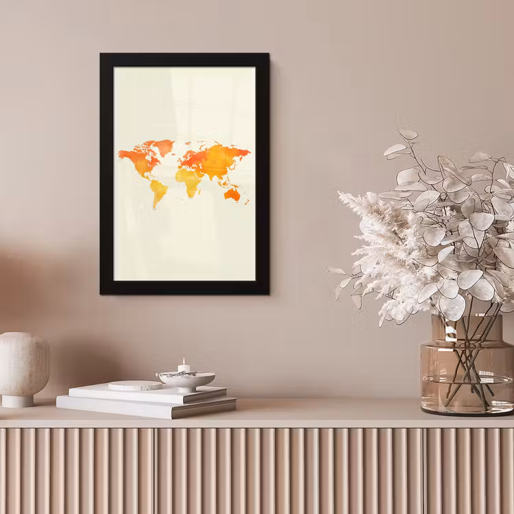 Wereldkaart - Oranje - Kleurrijk fotolijst zwart zonder passe partout klein -sfeer5