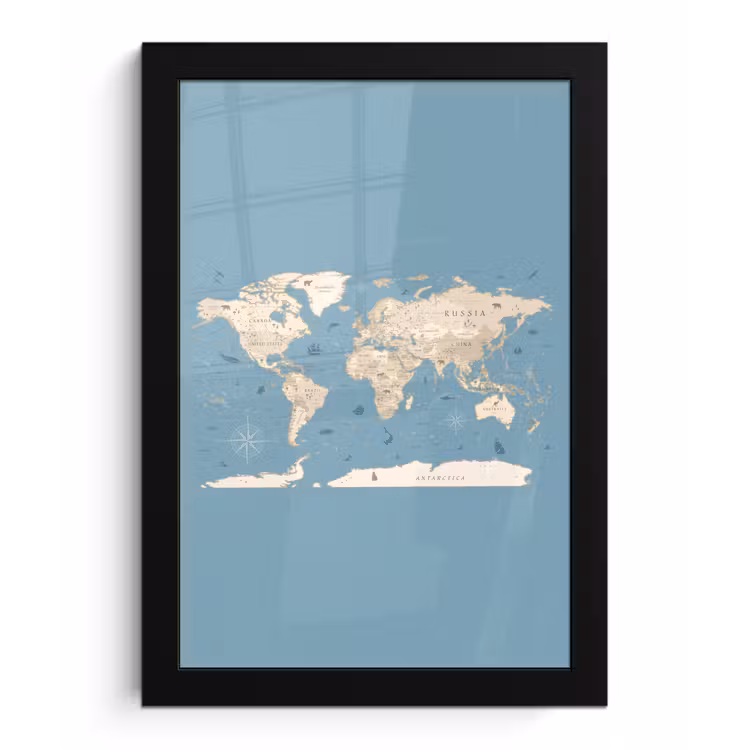 Wereldkaart - Oceaan - Realistisch - Blauw fotolijst zwart zonder passe partout klein -3d