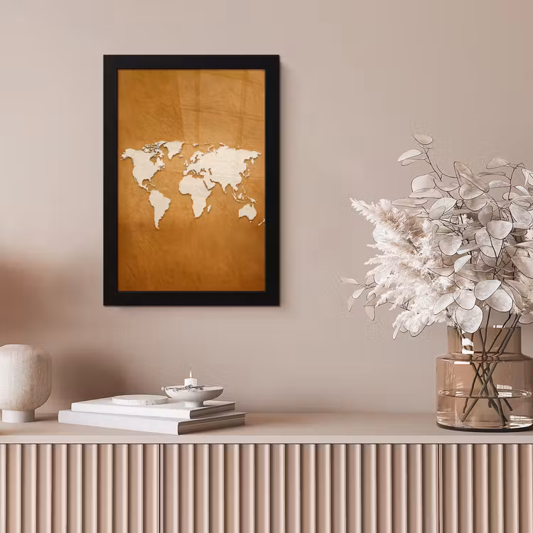 Wereldkaart - Papierstructuur - Bruin fotolijst zwart zonder passe partout klein -sfeer5