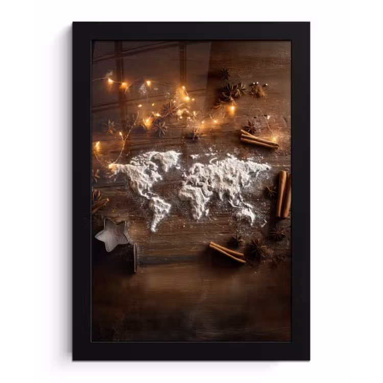 Wereldkaart - Poedersuiker - Hout fotolijst zwart zonder passe partout klein -3d