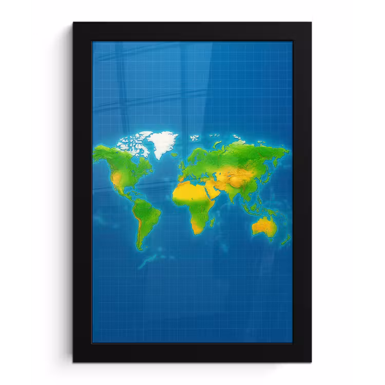 Wereldkaart - Raster - Helder kleurenpalet fotolijst zwart zonder passe partout klein -3d