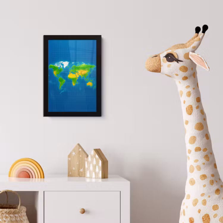Wereldkaart - Raster - Helder kleurenpalet fotolijst zwart zonder passe partout klein -usfeer4_kinderkamer