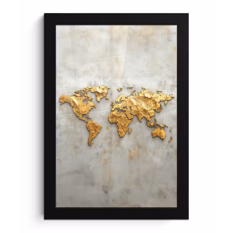 Wereldkaart - Ruwe betonnen muur - Handgemaakt effect fotolijst zwart zonder passe partout klein -3d