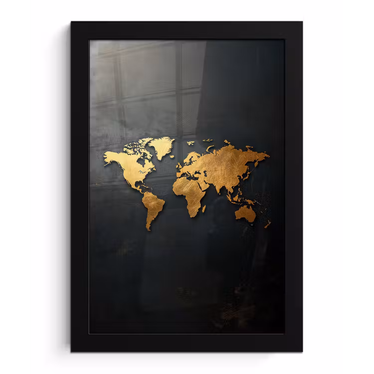 Wereldkaart - Ruwe textuur - Scherpe contouren - Zwart fotolijst zwart zonder passe partout klein -3d