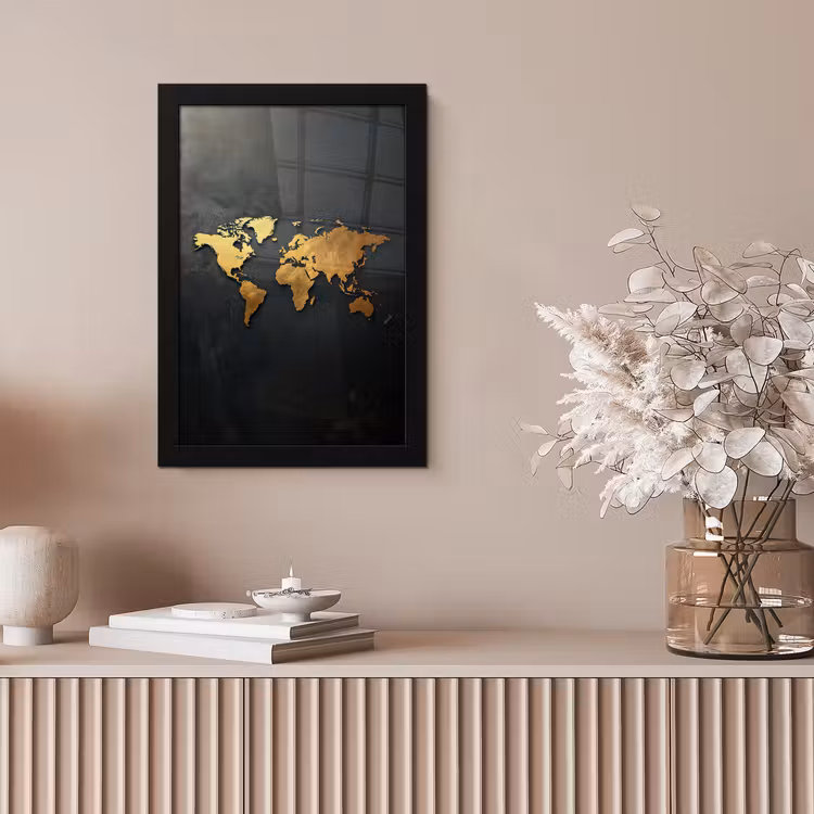 Wereldkaart - Ruwe textuur - Scherpe contouren - Zwart fotolijst zwart zonder passe partout klein -sfeer5