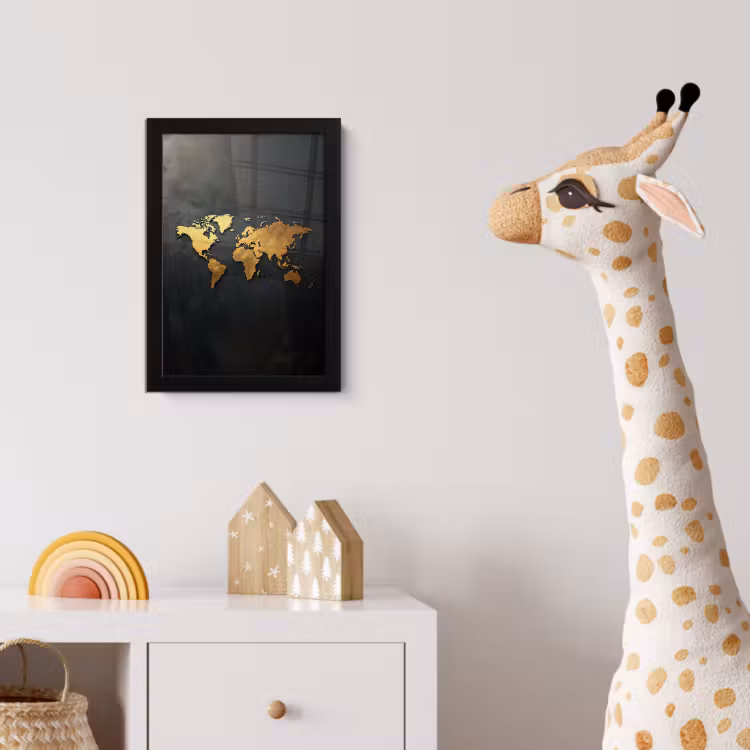 Wereldkaart - Ruwe textuur - Scherpe contouren - Zwart fotolijst zwart zonder passe partout klein -usfeer4_kinderkamer