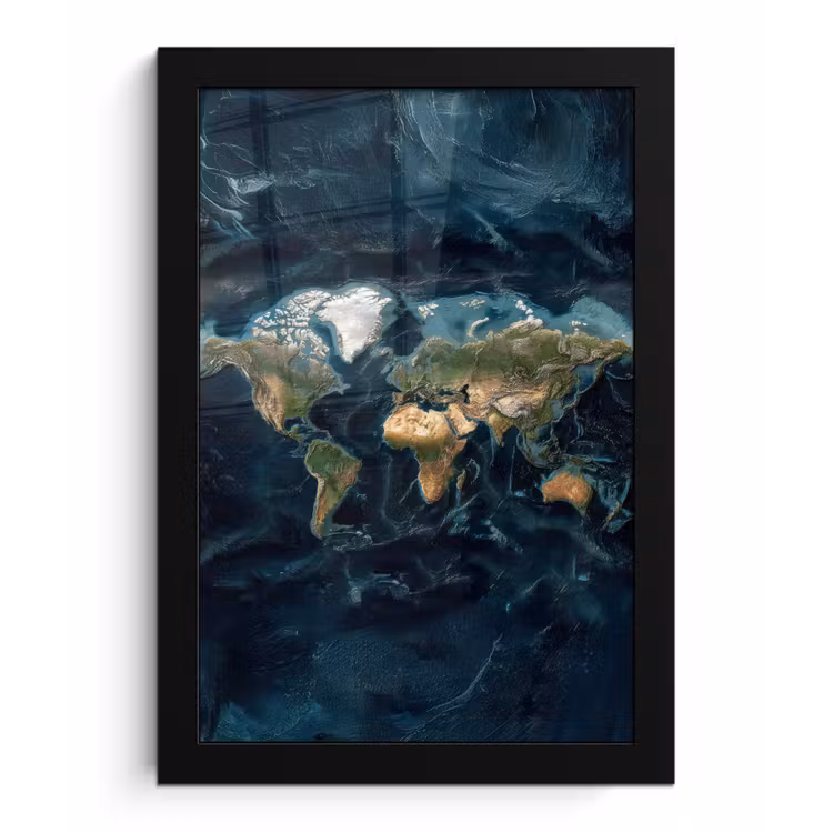 Wereldkaart - Realistisch - Gedetailleerd fotolijst zwart zonder passe partout klein -3d