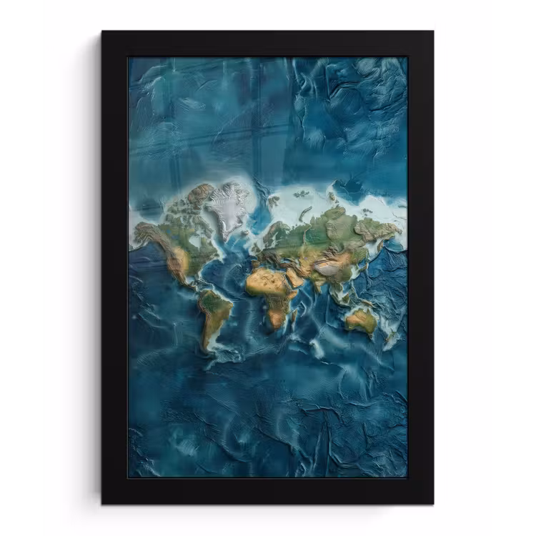 Wereldkaart - Realistisch - Contouren fotolijst zwart zonder passe partout klein -3d