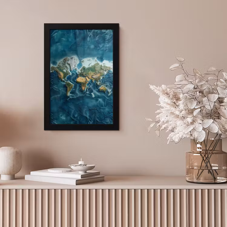 Wereldkaart - Realistisch - Contouren fotolijst zwart zonder passe partout klein -sfeer5