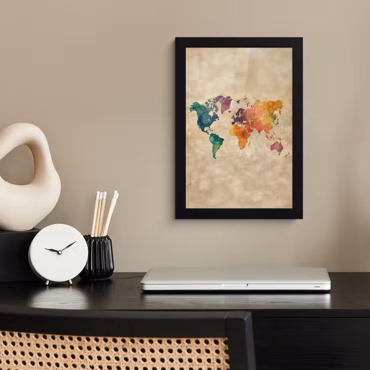 Wereldkaart - Regenboog aquarel - Papierstructuur fotolijst zwart zonder passe partout klein -sfeer1