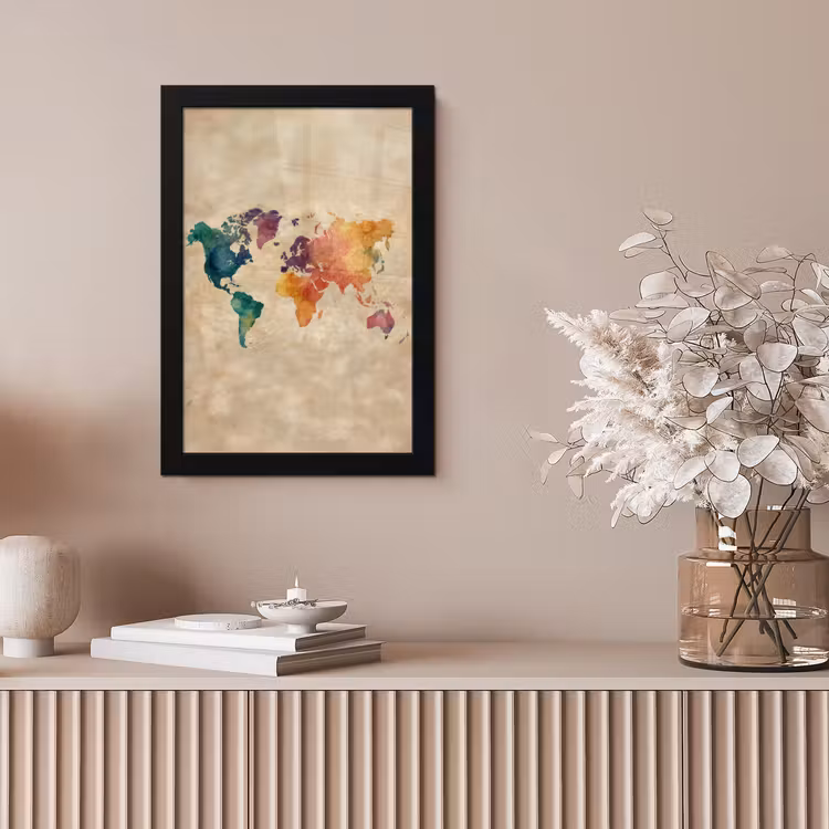 Wereldkaart - Regenboog aquarel - Papierstructuur fotolijst zwart zonder passe partout klein -sfeer5