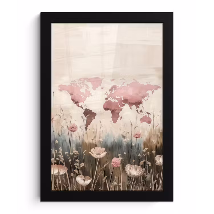 Wereldkaart - Roze - Bloemen fotolijst zwart zonder passe partout klein -3d