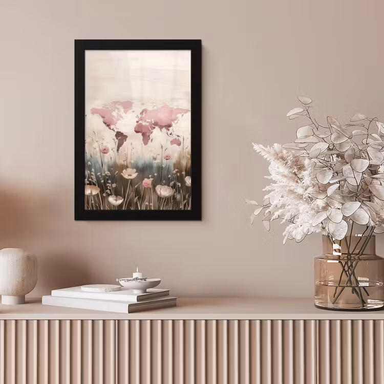 Wereldkaart - Roze - Bloemen fotolijst zwart zonder passe partout klein -sfeer5