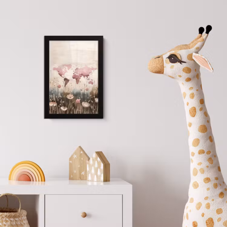 Wereldkaart - Roze - Bloemen fotolijst zwart zonder passe partout klein -usfeer4_kinderkamer
