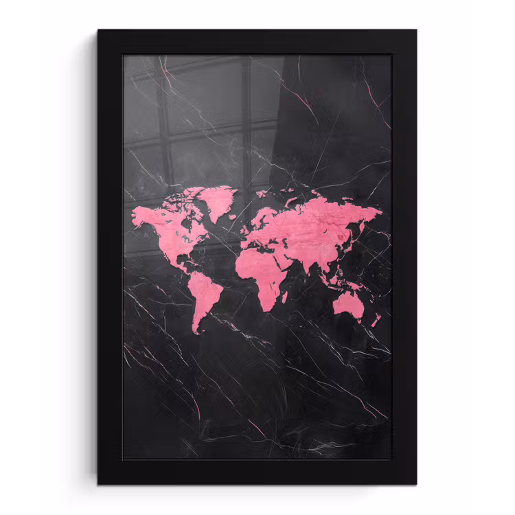 Wereldkaart - Roze - Marmer fotolijst zwart zonder passe partout klein -3d
