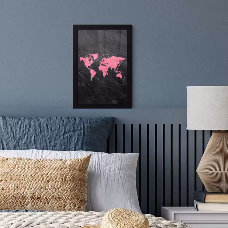 Wereldkaart - Roze - Marmer fotolijst zwart zonder passe partout klein -sfeer3
