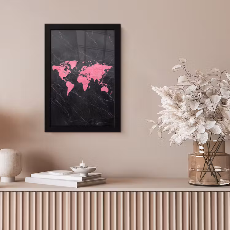 Wereldkaart - Roze - Marmer fotolijst zwart zonder passe partout klein -sfeer5