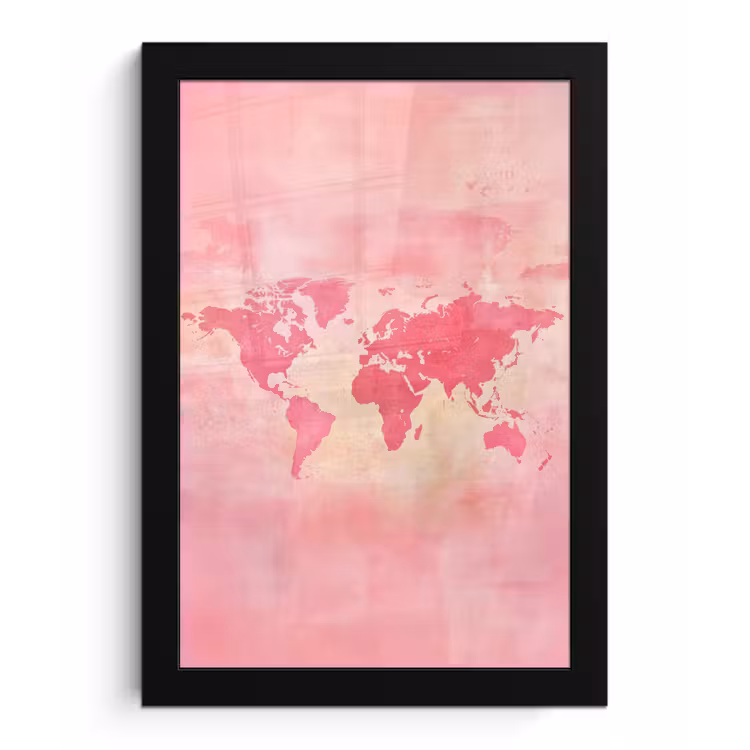 Wereldkaart - Roze - Vaag fotolijst zwart zonder passe partout klein -3d