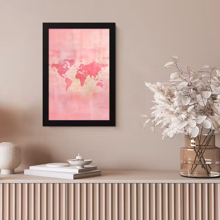Wereldkaart - Roze - Vaag fotolijst zwart zonder passe partout klein -sfeer5