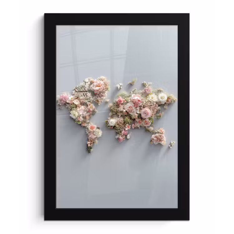 Wereldkaart - Rozen - Roze fotolijst zwart zonder passe partout klein -3d