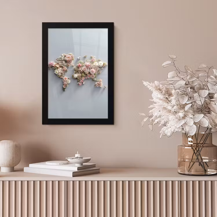 Wereldkaart - Rozen - Roze fotolijst zwart zonder passe partout klein -sfeer5